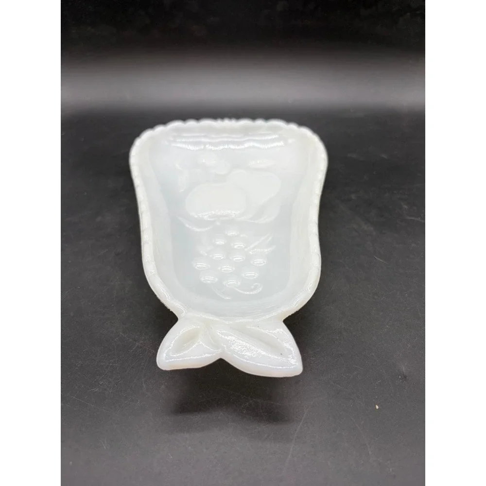 Vintage Milk Glass Pear Shaped Serving Fruit Floral Embossed Trinket Dish White